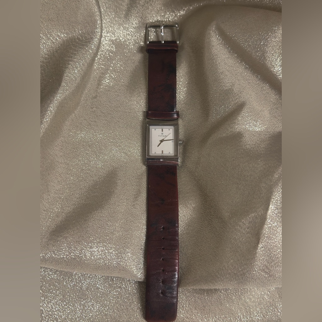 Titan Silver Case Watch With Dark Brown Strap